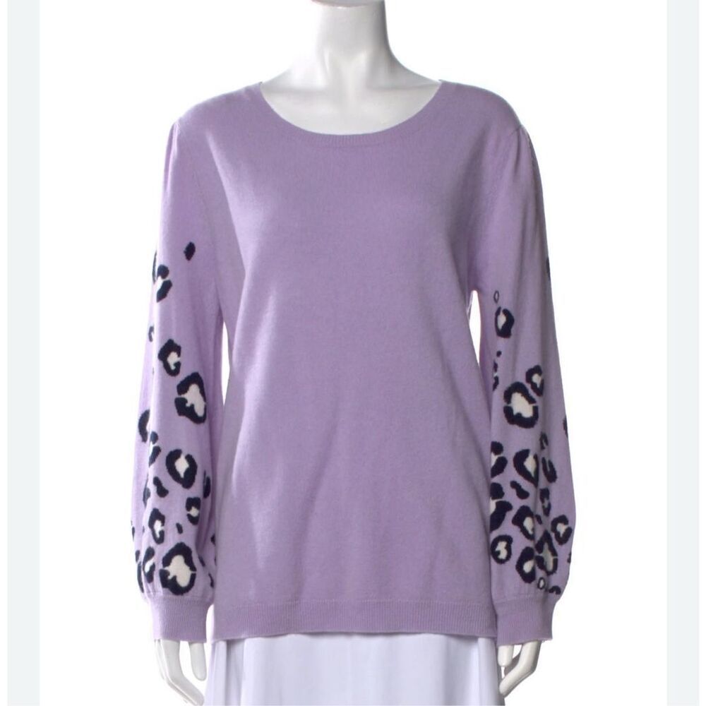 Two Bees Cashmere Lavender Sweater, XS Balloon Sleeves Leopard Spots